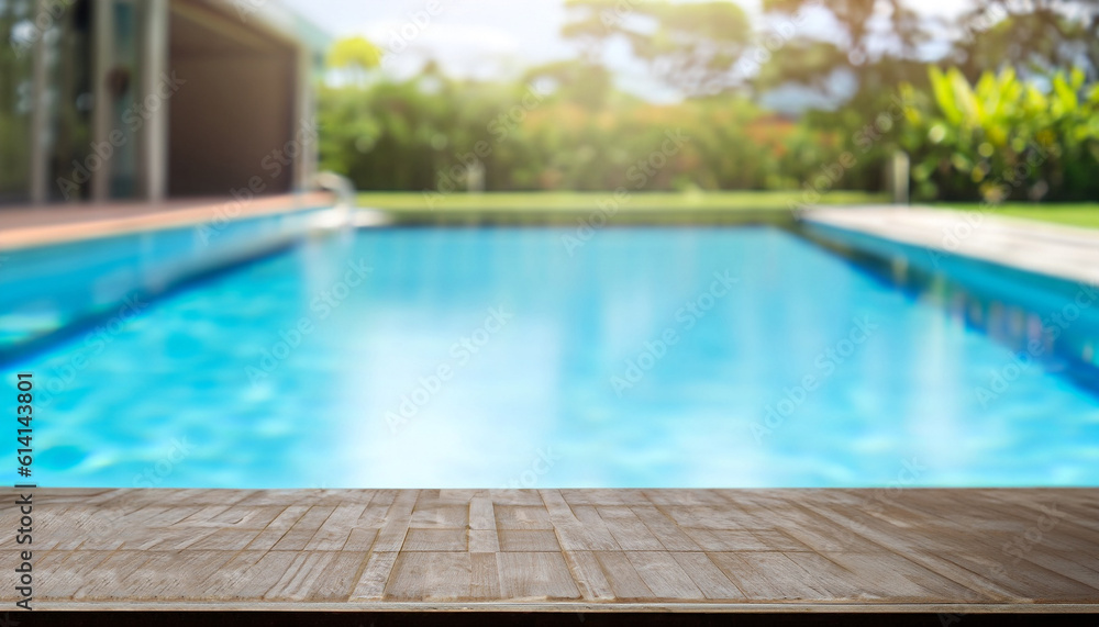 Poster empty wooden table in front with blurred background of swimming pool