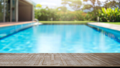 Empty wooden table in front with blurred background of swimming pool