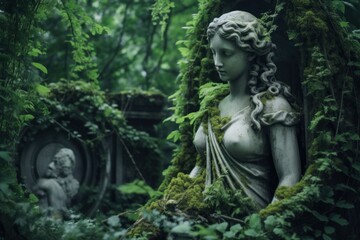 Fototapeta na wymiar A statue of a woman surrounded by greenery. Generative AI image.