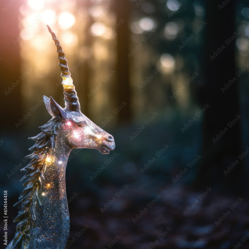 Poster a close up of a statue of a giraffe in a forest. generative ai image.