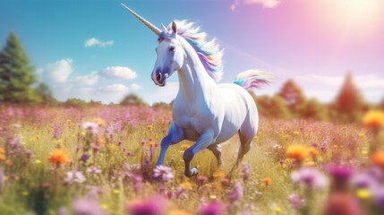 Obraz na płótnie Canvas A unicorn running through a field of flowers. Generative AI image.