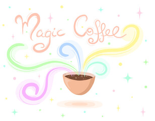 Magic coffee. Cartoon cup of coffee with colorful rays.