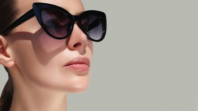 Eye wear fashion. Classic sunglasses shape. Beautiful model posing in cat eyes black glasses against grey background.  Summer accessory. Minimalism concept