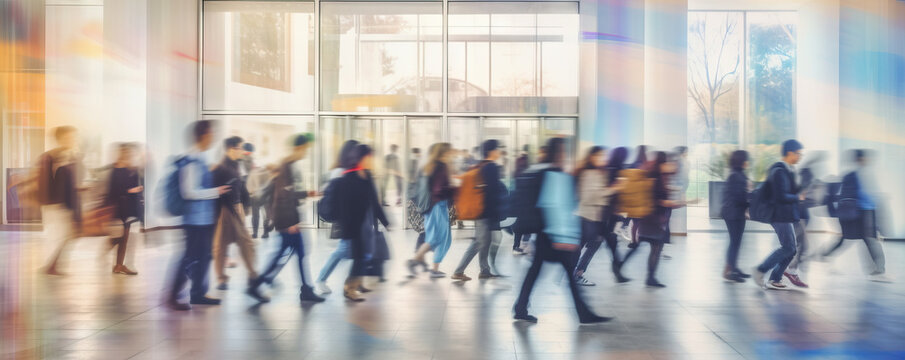 Students walking to class in a university or college environment. Moving crowd motion blurred background. Hand edited generative AI.