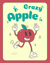 Vector poster with a red crazy apple in groovy style on a yellow background. Cartoon character in the retro style of the 70s and 80s for projects.