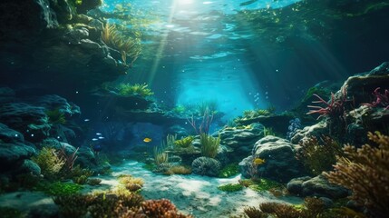 Fototapeta na wymiar Underwater Ocean Landscape with Typo Space