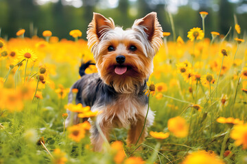 Cute Yorkshire Terrier Surrounded by a Flower-Filled Meadow: Captivating Pet Photography