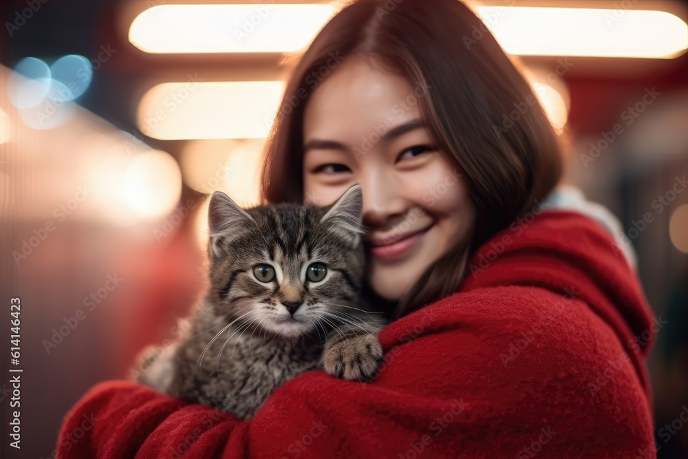 Wall mural a close - up shot of a woman with a gentle smile, cradling a newly adopted cat in her arms at an ani