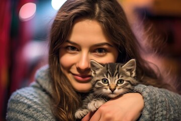 A close - up shot of a woman with a gentle smile, cradling a newly adopted cat in her arms at an animal shelter. Generative AI