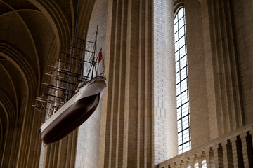Interior of the Church of St John the Baptist - ship model hanging from the ceiling