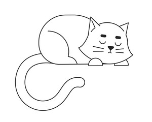 Sleeping white cat flat monochrome isolated vector object. Comfortable nap. Lovely kitty. Editable black and white line art drawing. Simple outline spot illustration for web graphic design