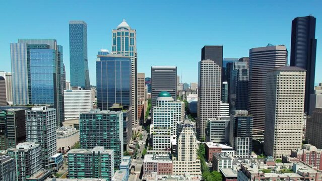 Seattle Business Office Buildings Aerial on Sunny Day