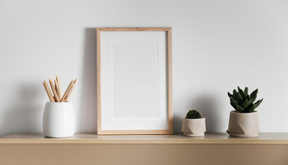 Wooden frame mockup in white minimalist room with copy space for artwork, photo or print presentation. Generative AI