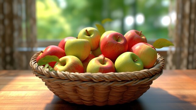 Fresh red and green apples in a basket. Generative AI