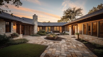 Home architecture design in Ranch Style with Front porch constructed by Stucco and stone material. One-story design with outdoor living spaces. Generative AI AIG25 . - obrazy, fototapety, plakaty