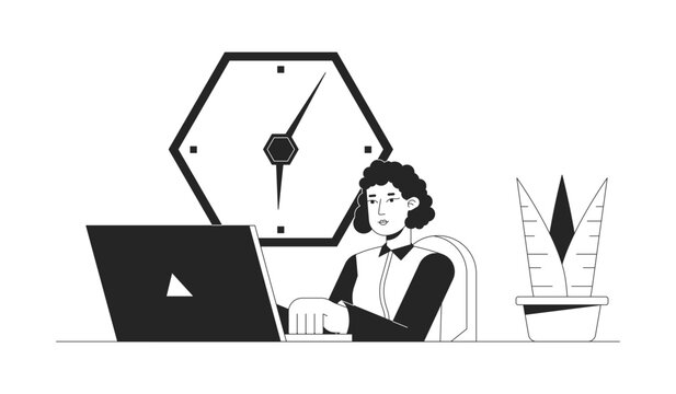 Office Woman Working On Laptop Bw Concept Vector Spot Illustration. Employee 2D Cartoon Flat Line Monochromatic Character For Web UI Design. Desk Office Work Editable Isolated Outline Hero Image