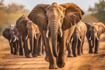 Herd of African Elephants walking towards camera