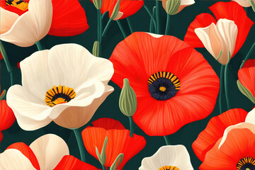 Abstract flowers background, red poppies flowers pattern on black wallpaper Generative AI.