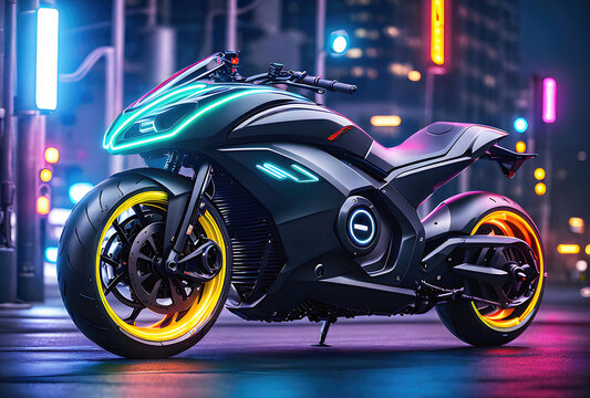 Motorcycle futuristic design, fantastic motorbike modern project with glowing neon lights. Generative Ai.