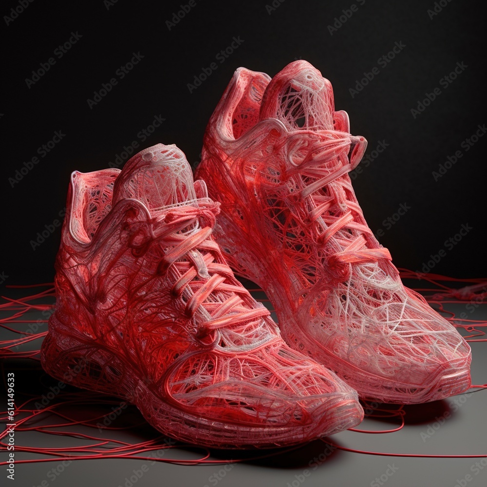 Poster 3d printed shoes with red threads. generative ai.