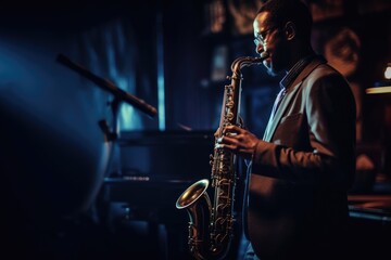 Plakat A close - up shot of a young man passionately playing a saxophone, in a dimly lit jazz club. Generative AI