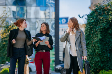 Blonde and ginger businesswomen having an exciting conversation. Their brunette coworker is listening to them and smiling