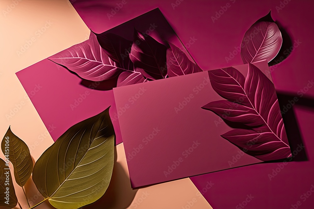 Wall mural Gift box with leaves on a pink background