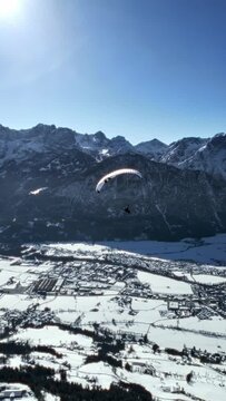 Paraglider in Austria Dolomite Alps Mountains Gliding with Drone in Lienz
