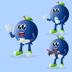 Cute blueberry characters enjoying beverages