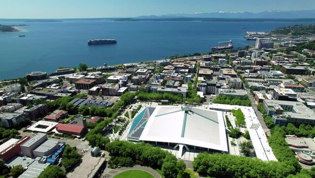 Seattle Sports Stadium Aerial with Ocean Background