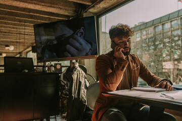 Handsome businessman having a phone call while working remotely at the coffee bar