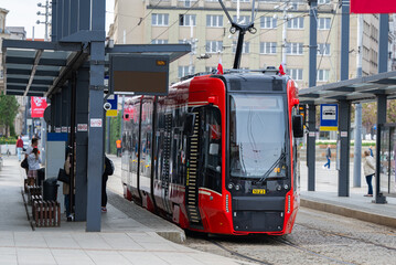 public transport red trams in Poland