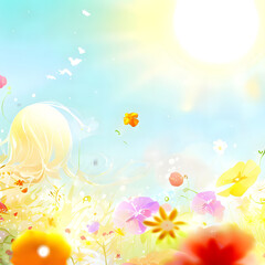 Fototapeta na wymiar Bright summer background, pastel colors, flowers, bright sunlight, evoking blond hair in a meadow