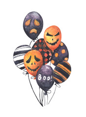 Halloween ribbon hanging on Bunch of scary air balloons. Watercolor illustration. Orange and black balloons. Happy Halloween.