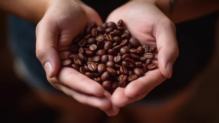 Foto op Canvas Hands holding some roasted coffee beans in a black background. Generative AI © Creative Clicks