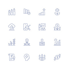 Growth line icon set on transparent background with editable stroke. Containing increase, statistics, steps, growth, line graph, trading, training, investment, plant, sustainable, tax, time to market.