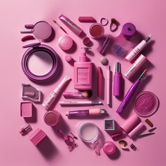 Set of pink composition of cosmetics and makeup stuff