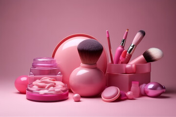 Obraz na płótnie Canvas Set of pink composition of cosmetics and makeup stuff