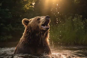 Brown bear near the river and catches salmon.