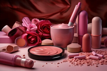 Obraz na płótnie Canvas Set of pink composition of cosmetics and makeup stuff