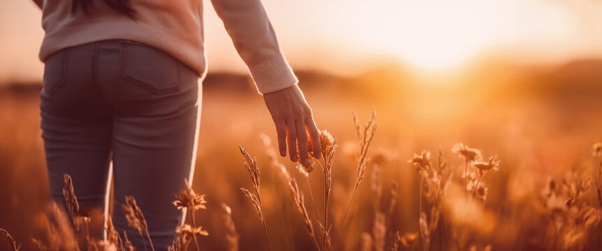 Harmony Lifestyle Concept. Relaxation Body and Mind with Nature. Woman touching Wild Flowers in the Field, Sunrise Morning, Gold and Orange Tone with Nature Illumination. AI generative