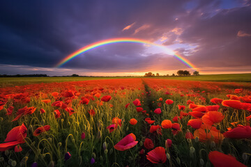 Field of rainbow and red poppy after rain.