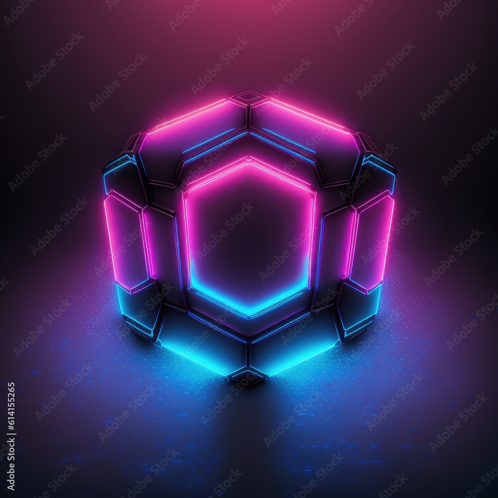 Poster overlapped lightning neon magical hexagon effecting on black background. reflection of glowing digit