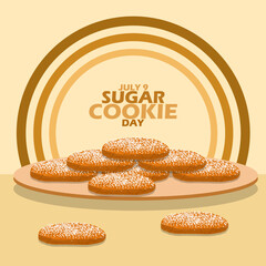 Several cookies with sugar topping served on a wooden plate on a brown table and bold text in circle frame on light brown background to celebrate National Sugar Cookie Day on July 9