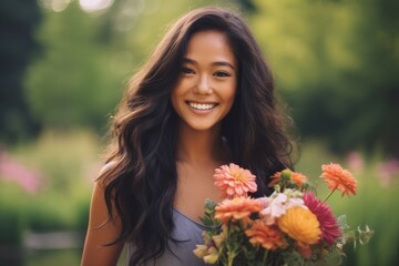 Naklejka premium A close - up shot of a young woman smiling and holding a bouquet of vibrant flowers in a botanical garden. Generative AI