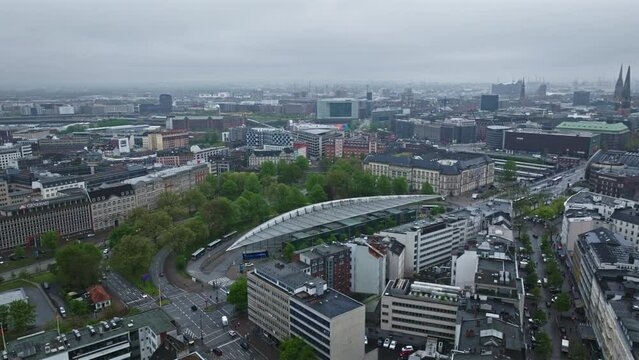 Drone shot of Hamburg Central Bus Station ( ZOB Hamburg ) , It is located in the St. Georg district  , Hamburg , Germany