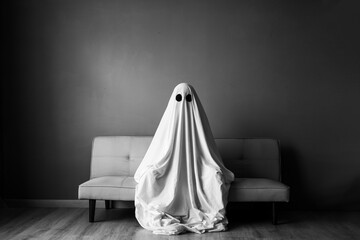 Ghost covered with a white ghost sheet on a sofa in the living room. Halloween concept - obrazy, fototapety, plakaty