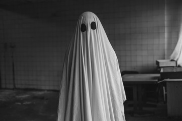 Ghost covered with a white ghost sheet in abandoned house. Halloween Concept