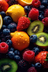 Obraz premium Background of fresh berries and fruits. Raspberry, blueberry, strawberry, kiwi, lemon and blackberry. Generative AI