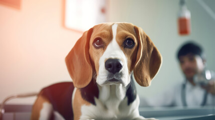 Close up of a beautiful beagle dog at the veterinarian. Sick cute pet sitting at the examination table at the animal clinic